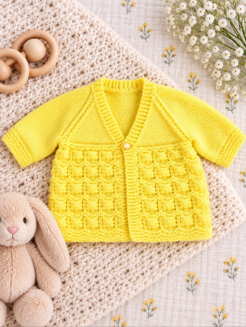 Handmade Yellow Baby Cardigan Textured Knit Sweater 6–12M